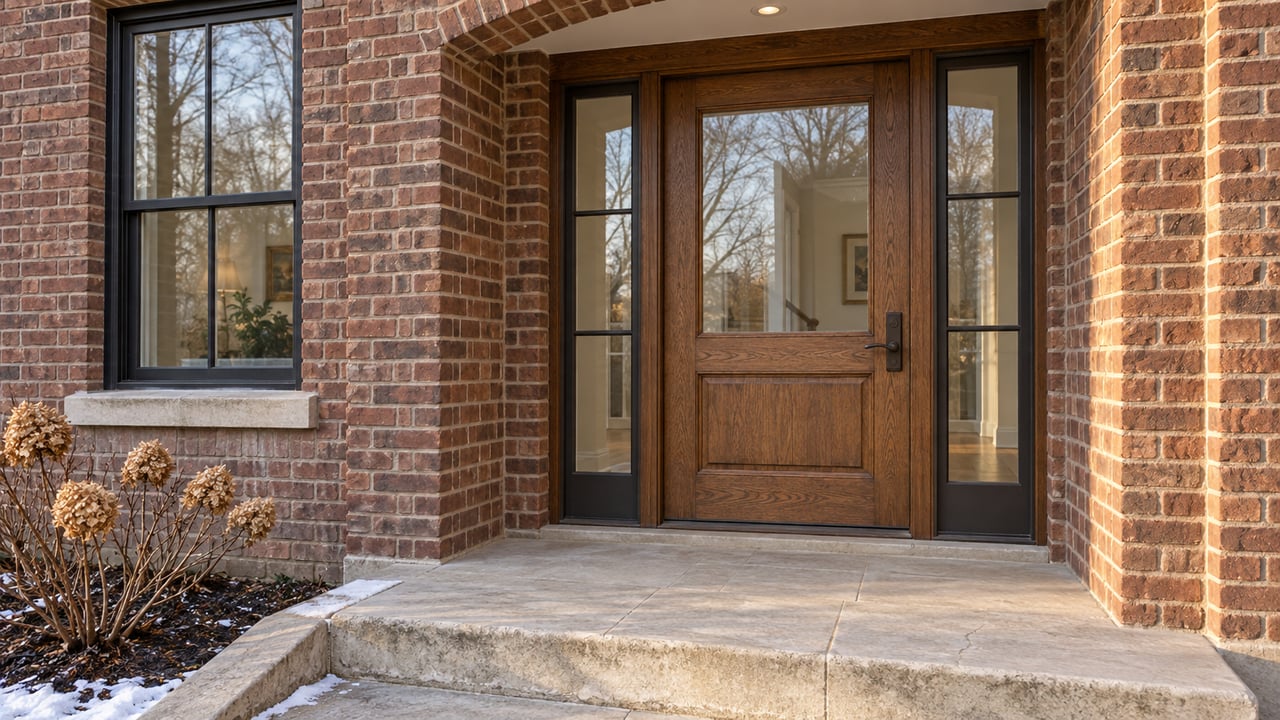 Winter sunlight on a red-brown brick home's oak entry door, glazed sidelights and limestone steps beside dried oakleaf hydrangea flowers.