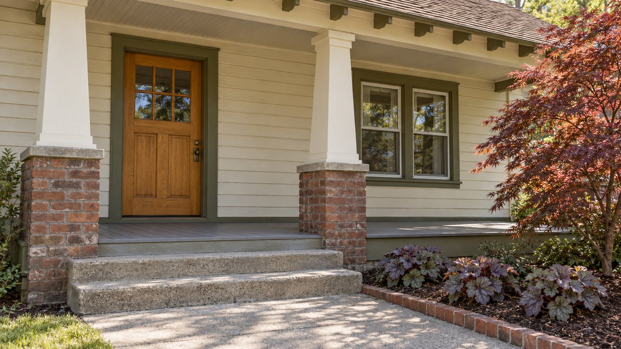 An older bungalow porch with ivory wood siding, olive window trim, brick column bases and a copper-red Japanese maple.