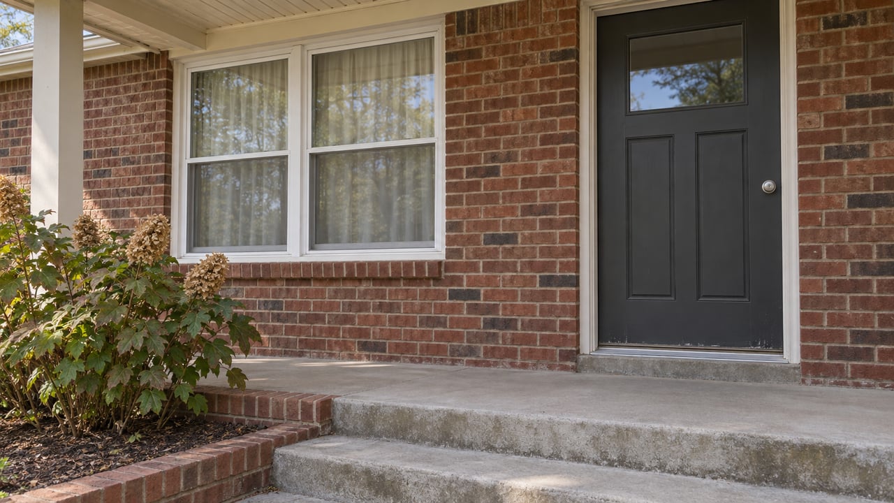 Sheltered brick home entrance with a charcoal door, white-trimmed window, worn concrete steps and an oakleaf hydrangea.