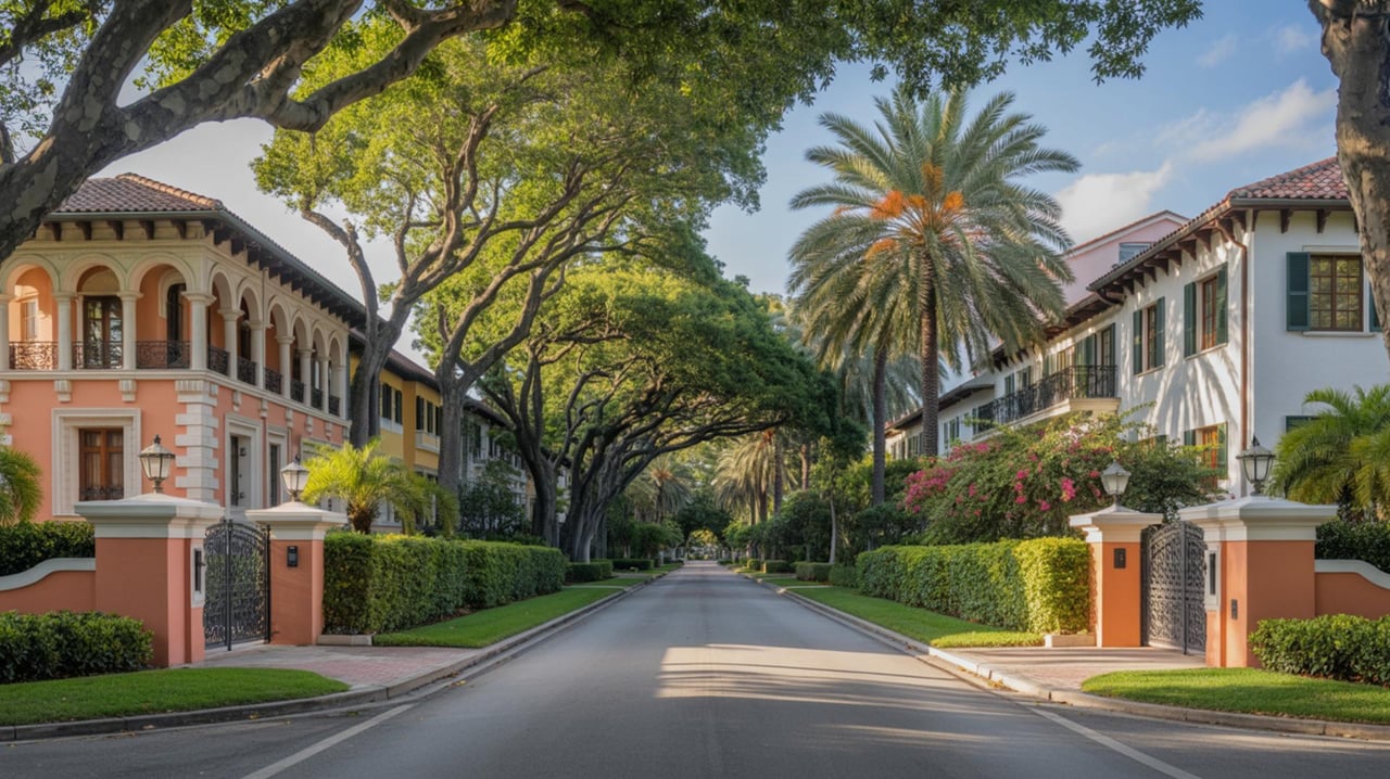 Tree-lined residential street with Spanish-style homes, clipped hedges, and a tall palm tree.