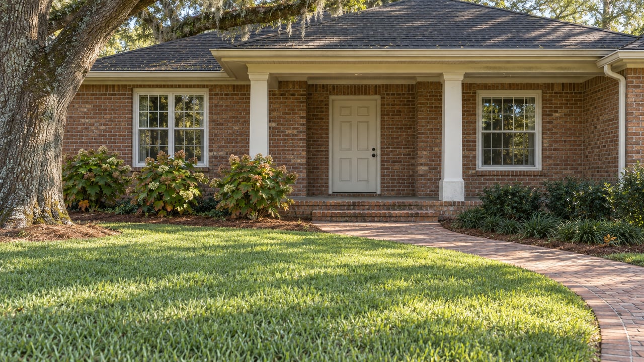 Brick single-story home with a covered entry, curving brick walk, broad lawn and mature live oak.