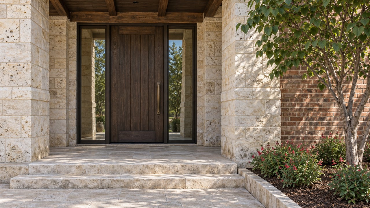 Limestone and red-brown brick entrance with a dark oak door, bronze-framed sidelights and broad stone steps beside a flowering sage bed.