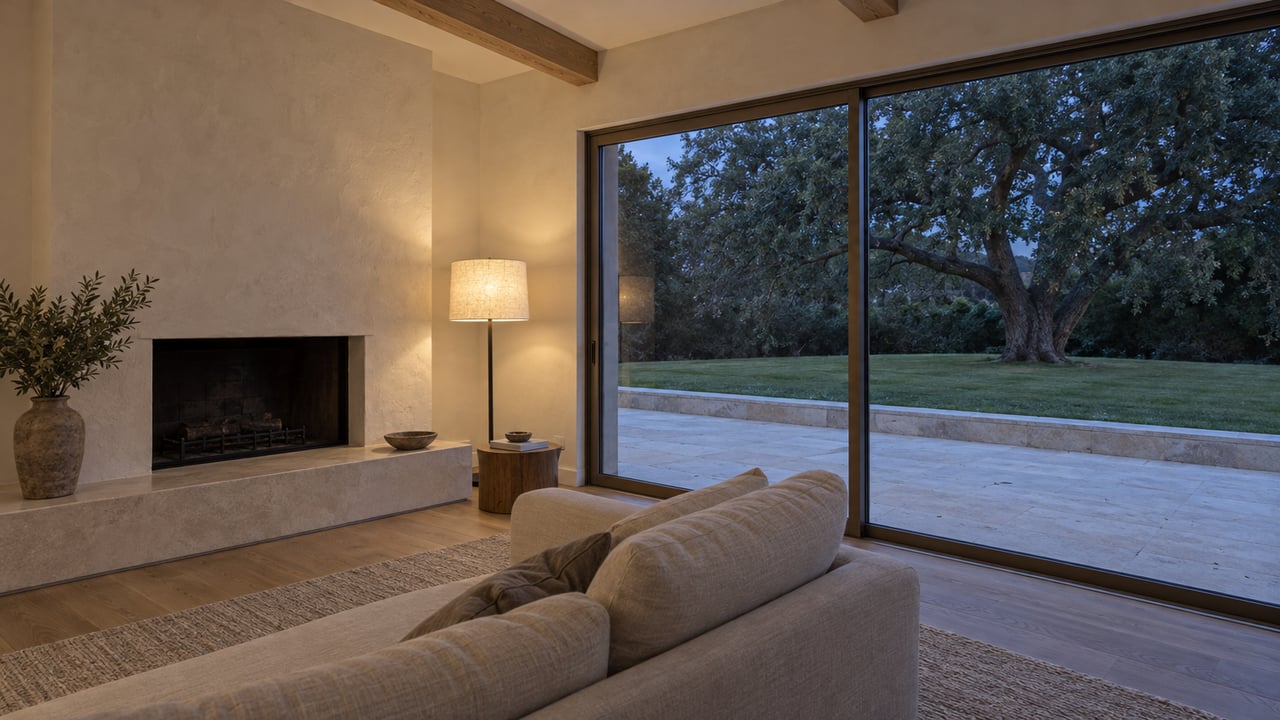 Renovated living room with oak flooring, plaster fireplace, linen sofa and closed glass doors overlooking a limestone terrace and mature oak.