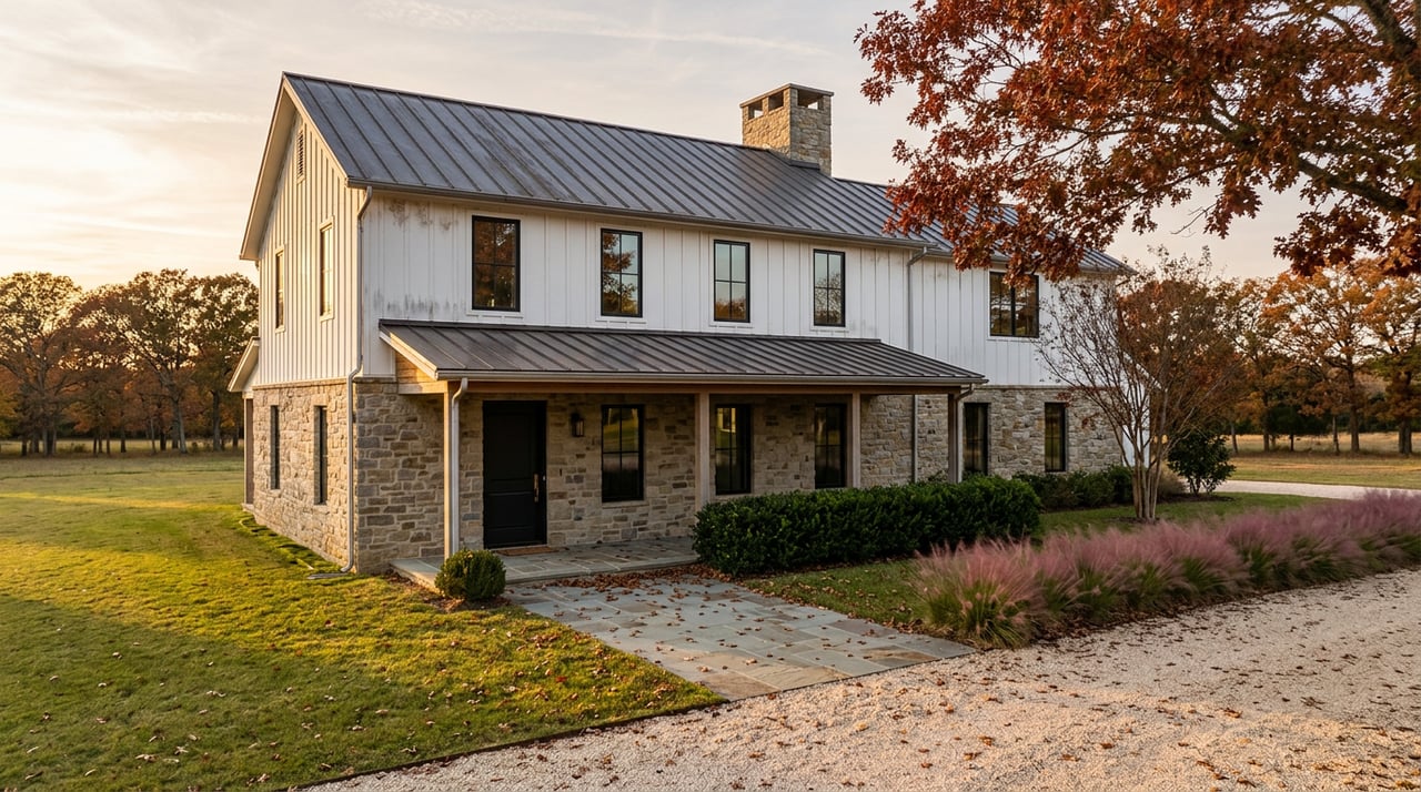 Custom home with white board-and-batten siding, fieldstone lower walls, and a red-orange oak beside the lawn.