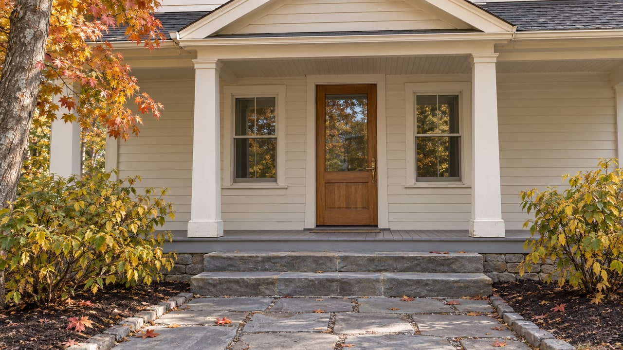 Autumn maple foliage beside an ivory clapboard home's sheltered timber entry and worn bluestone garden path.