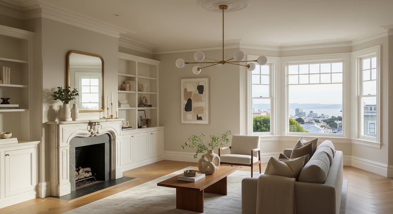 Living room in a Presidio Heights home featuring large windows, natural light, and neighborhood views