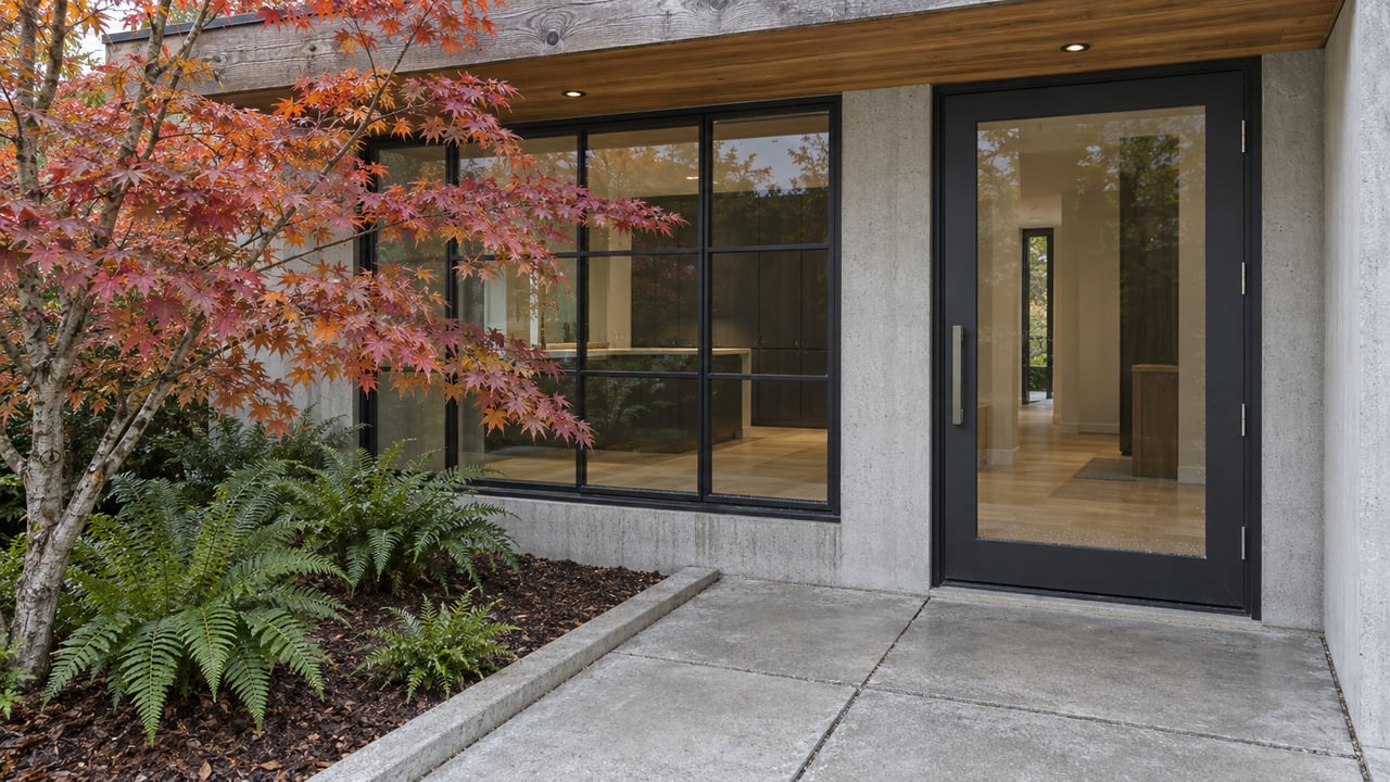 Contemporary home's glazed entry beneath a timber overhang, beside an autumn vine maple and sword ferns in a concrete-edged planting bed.