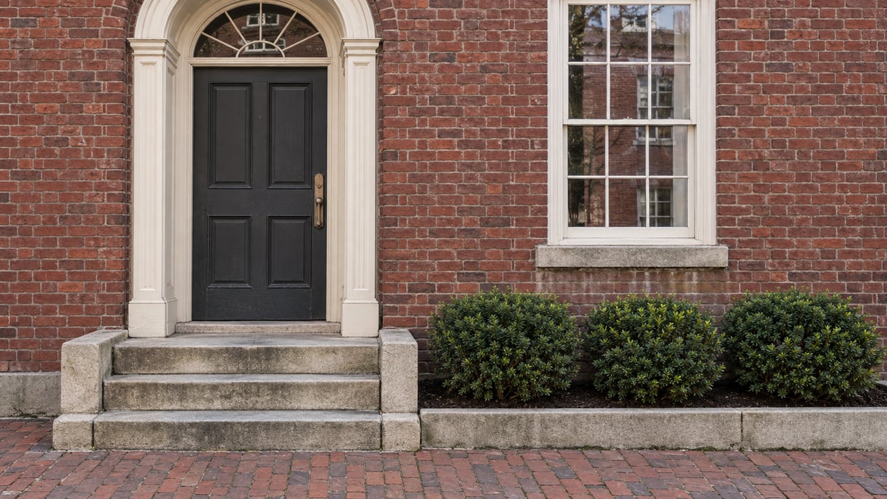 Red-brick residential entrance with an arched fanlight, worn limestone steps, a tall sash window and clipped yew shrubs beside a brick sidewalk.