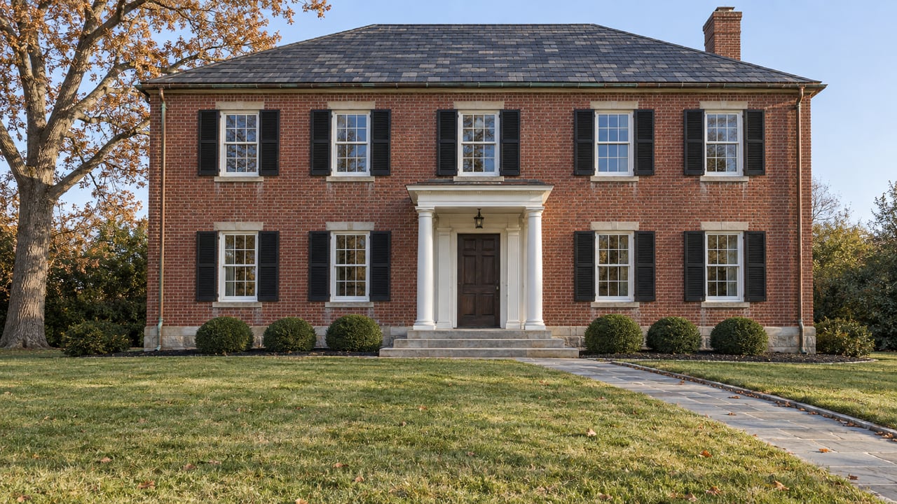Red-brick home with a white columned entrance, slate roof, deep lawn and a copper-leaved oak in late-autumn sunlight.
