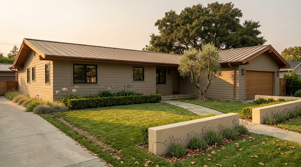 Ranch house with bronze standing-seam roof, wood-slat garage door, olive tree, and broad front lawn.