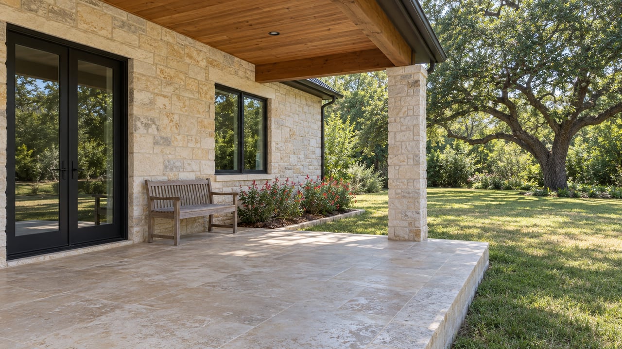 A limestone home’s covered terrace with cedar ceiling, black-framed glass doors and a teak bench opens toward a lawn and spreading oak.
