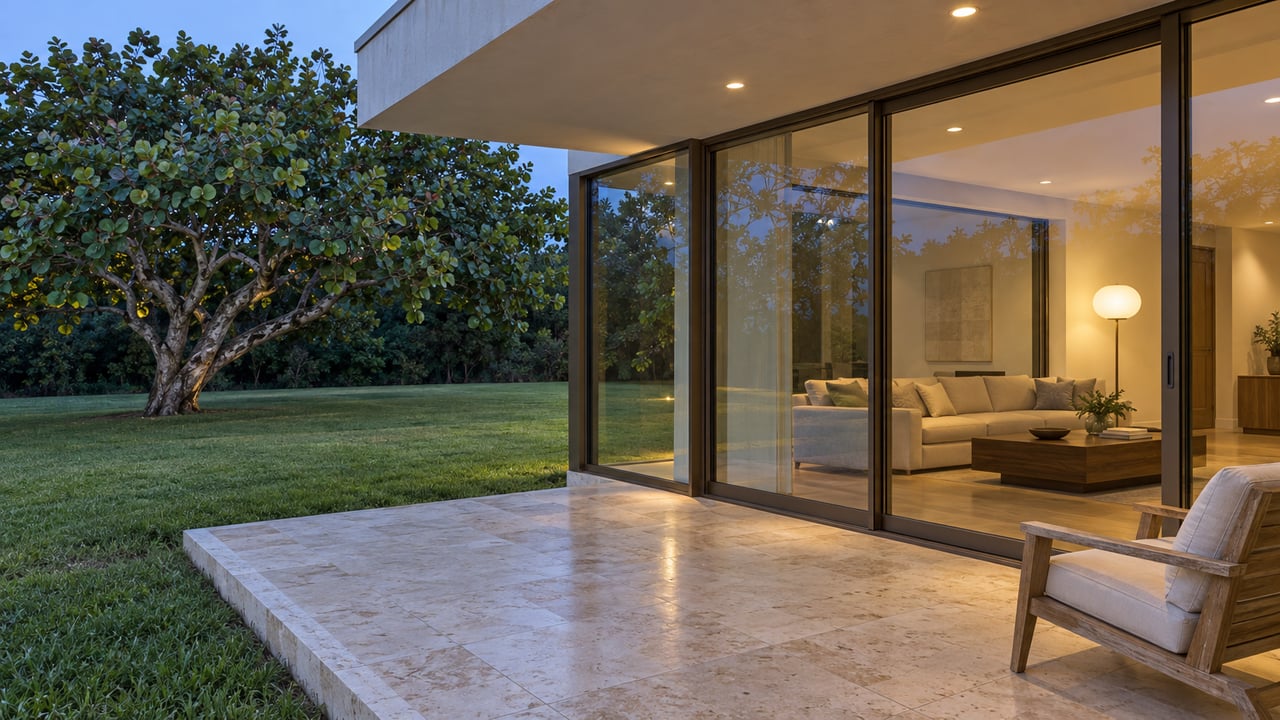 Blue-hour view from a limestone terrace toward a glazed living room, with warm interior light, a teak chair and a mature sea grape tree beside the lawn.