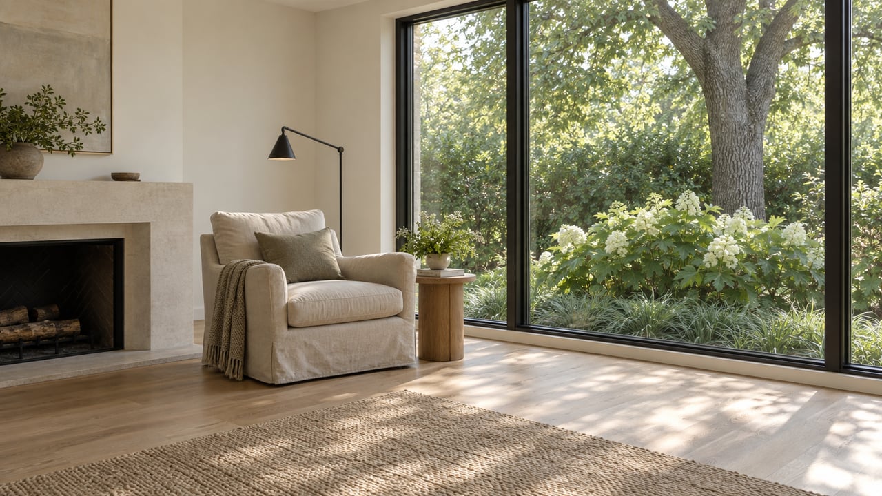 Living room with a linen chair and limestone fireplace, looking through black-framed windows onto garden trees and shrubs.