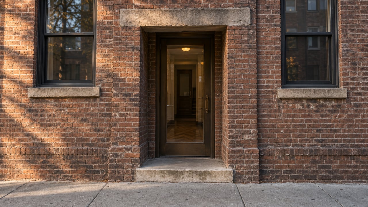 Weathered brick walk-up facade with a recessed bronze-framed door, limestone step, and two upper windows.