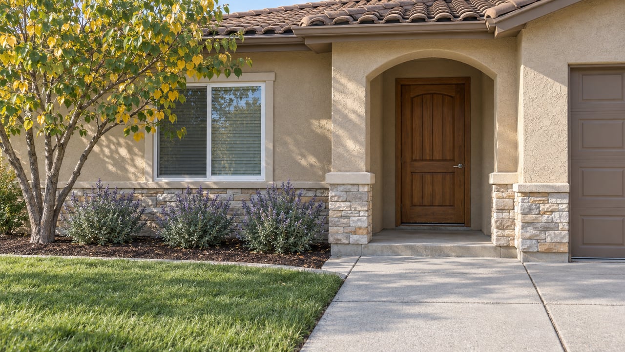 A tan stucco home with a recessed arched porch, wood front door, tiled roof, and concrete approach beside a lawn and redbud tree.