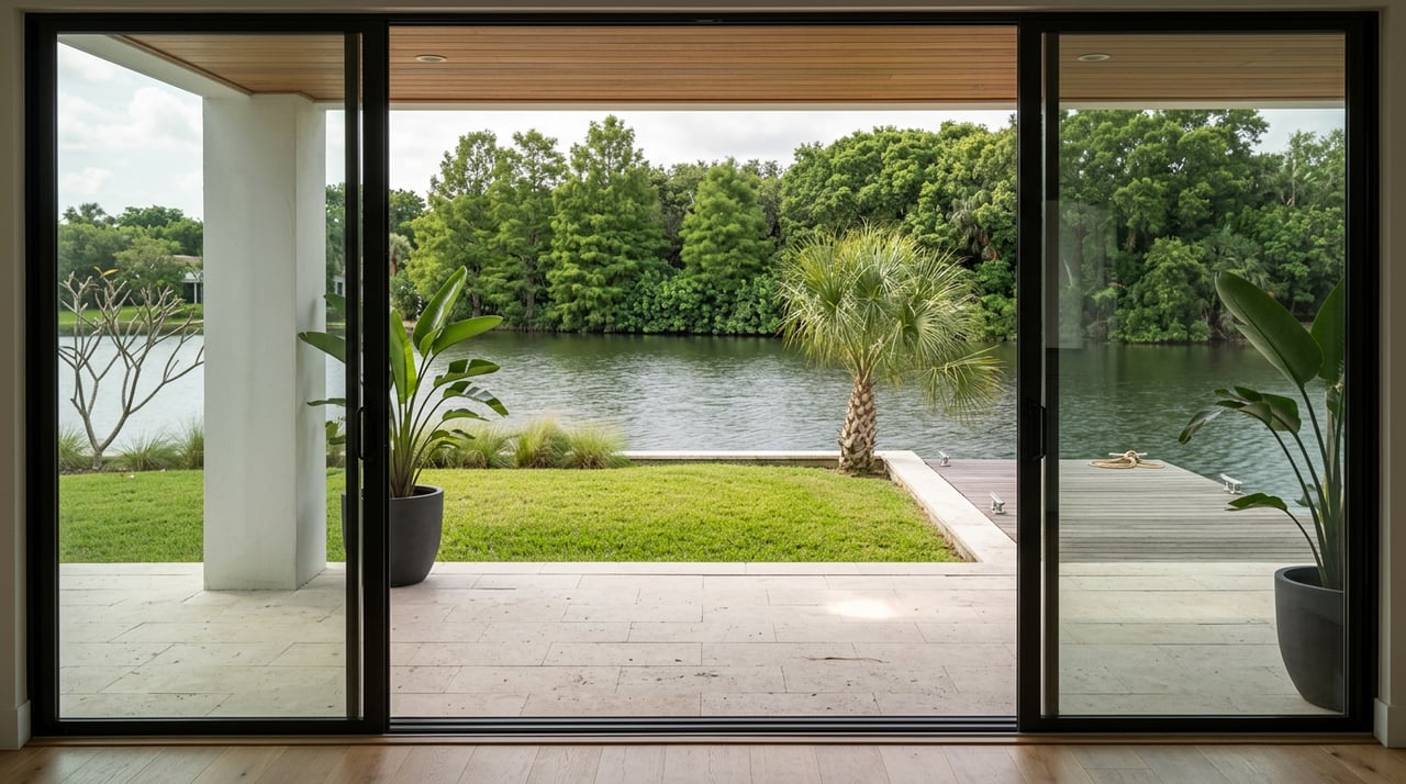 Closed glass sliders frame a stone terrace, green lawn, small dock, and calm lake edged by trees.