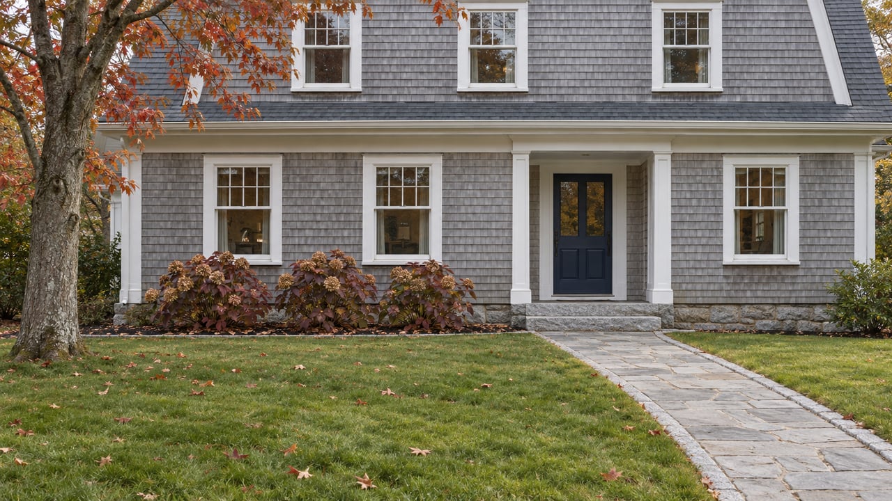 Silver-shingled home with white-trimmed windows, a navy entry door and granite walk across an autumn lawn.