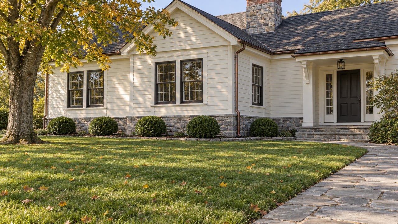 Cream-sided estate home with dark gabled roof, fieldstone foundation, a stone approach, broad lawn and a mature maple in early autumn.