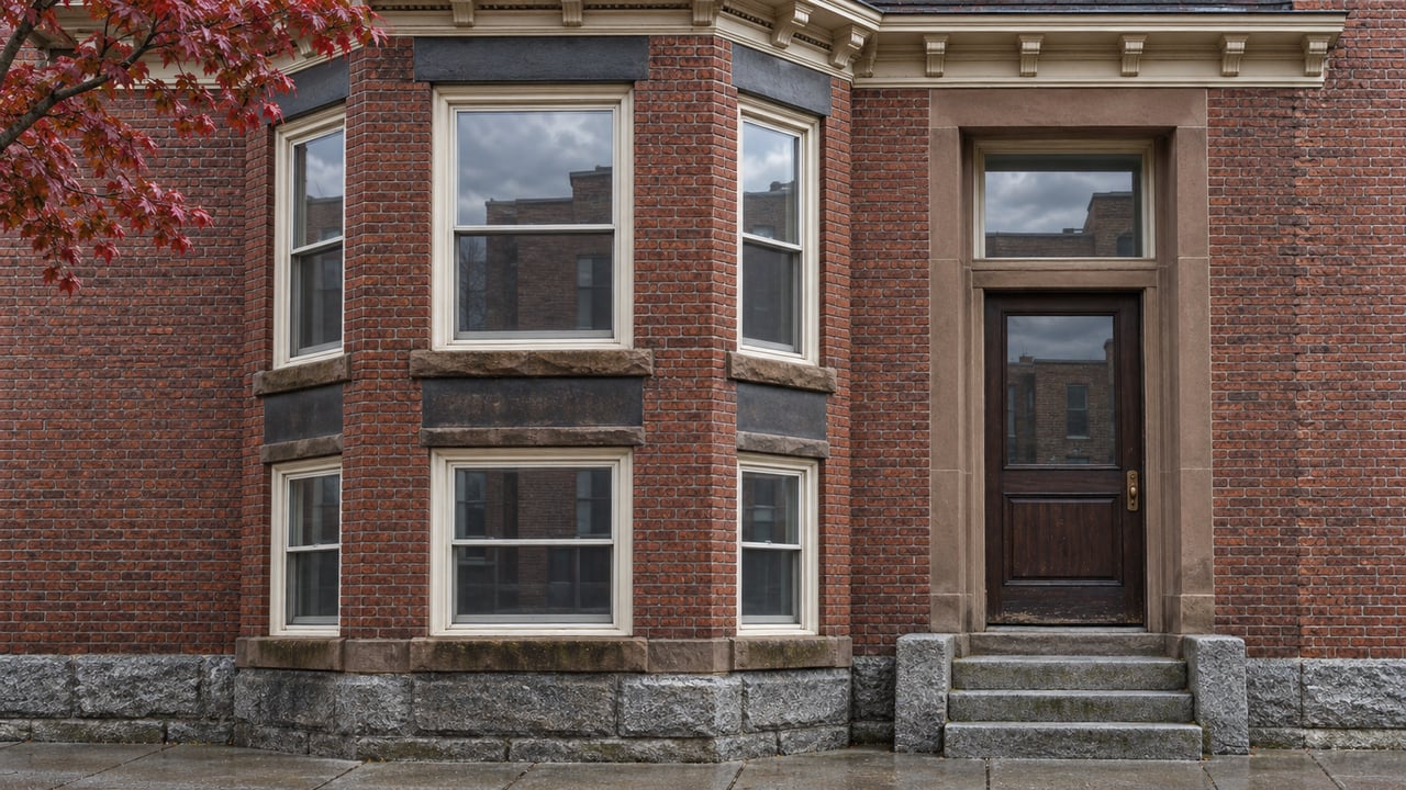 Weathered red-brick residential facade with ivory bay windows, a recessed timber entrance and worn granite steps after rain.