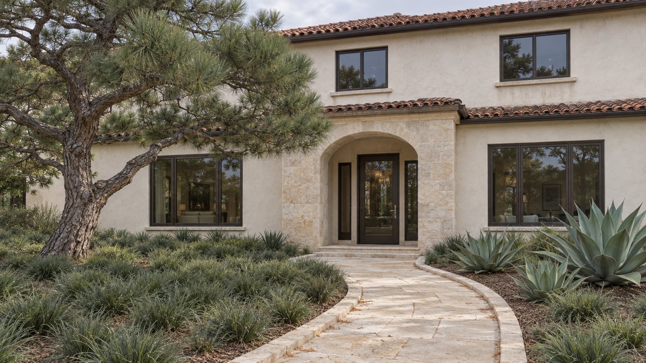 A spreading pine shades a deep planted front garden beside a limestone approach to a white stucco home with clay roof tiles and bronze-framed windows.
