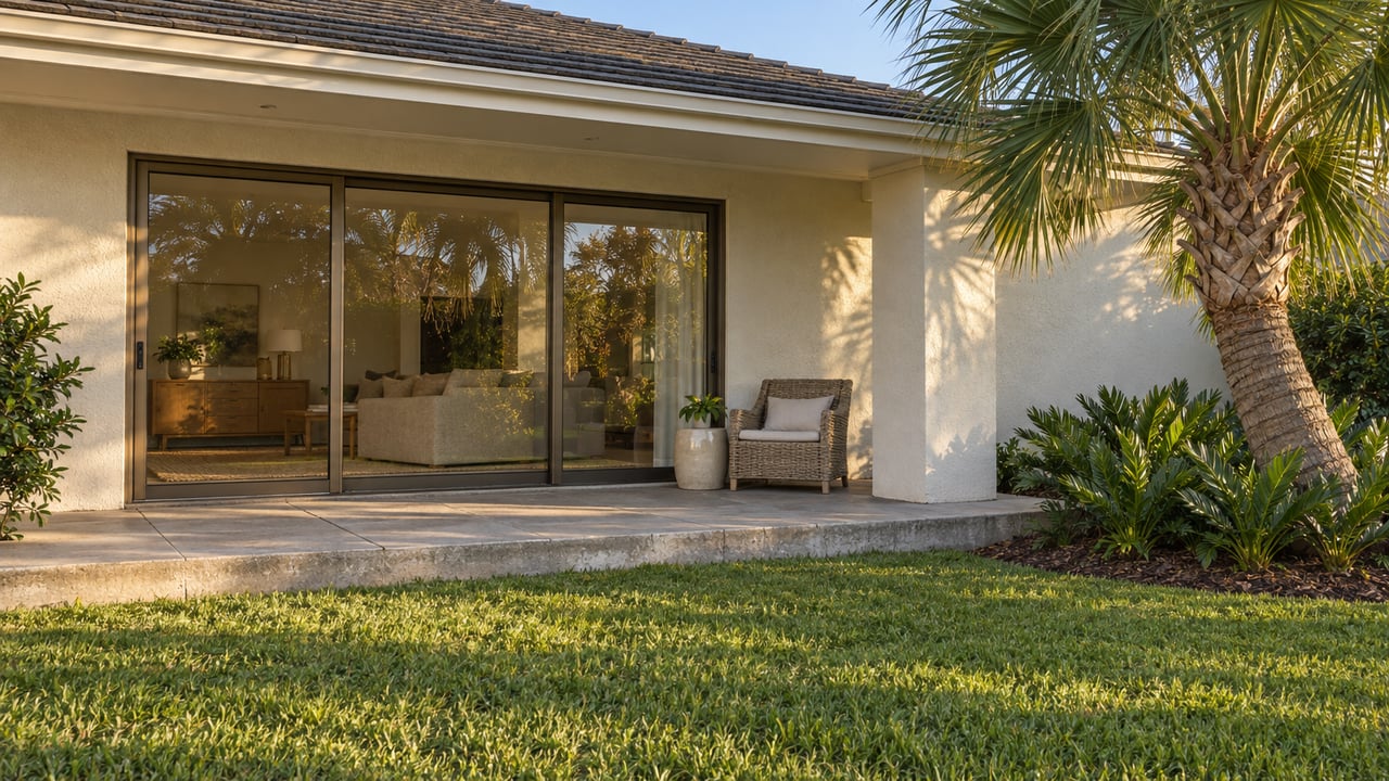 Sunlit ivory stucco home with enclosed glass living-room doors, a raised paver terrace, and a curved palm beside the lawn.
