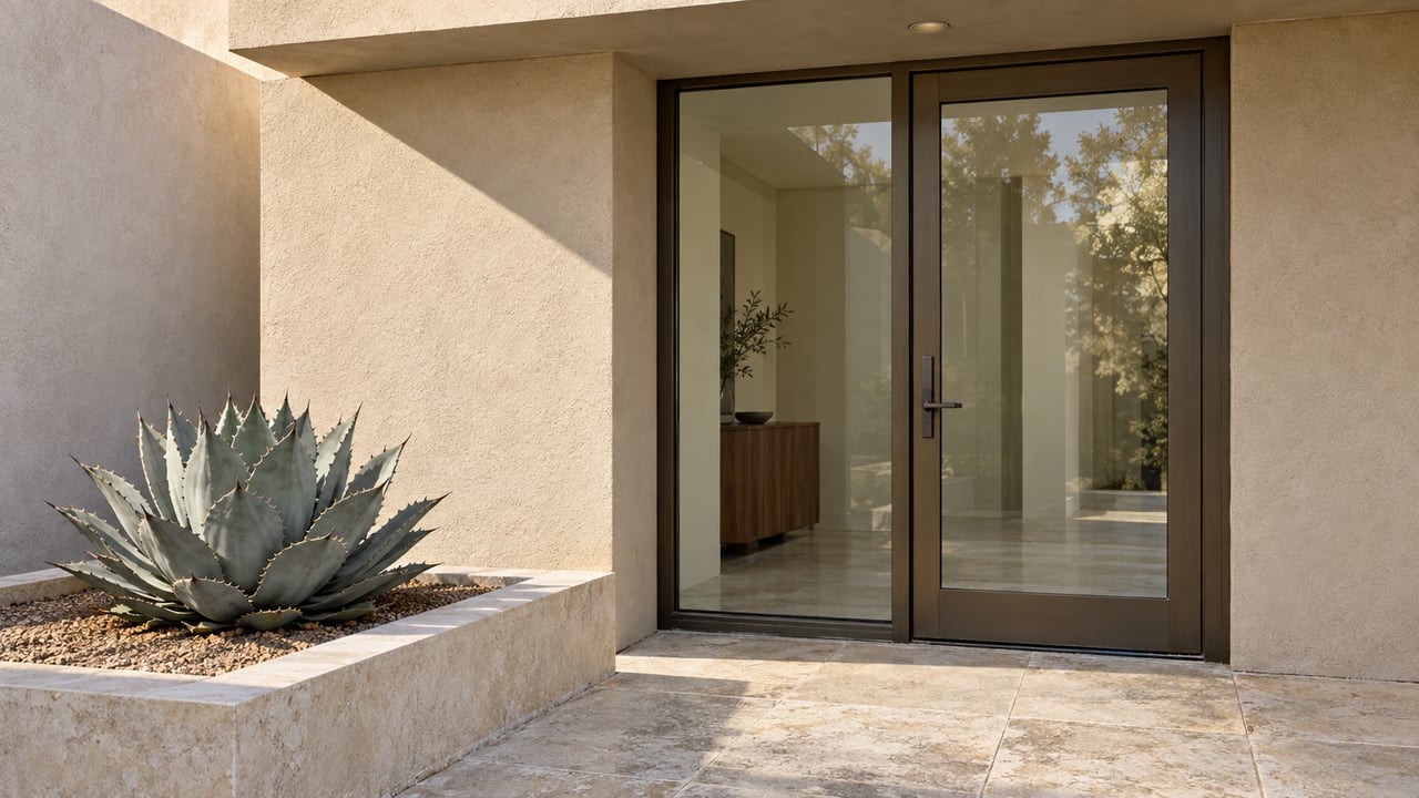 Urban condo entrance with a bronze-framed glass door, limestone paving, and a blue-gray agave in a planter.
