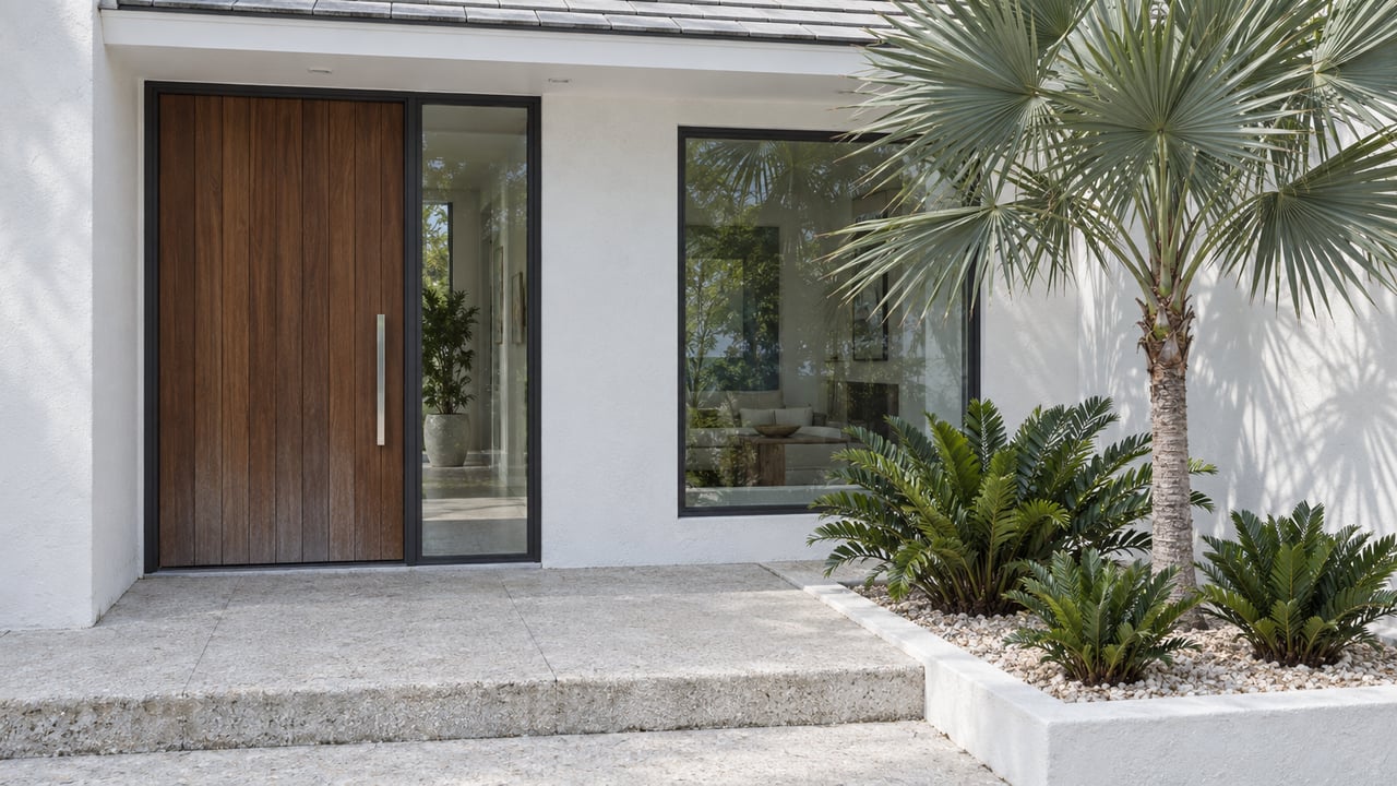 Contemporary white-stucco home entrance with a dark teak door, glazed sidelight, pale paver steps, silver palm, and coontie planting.