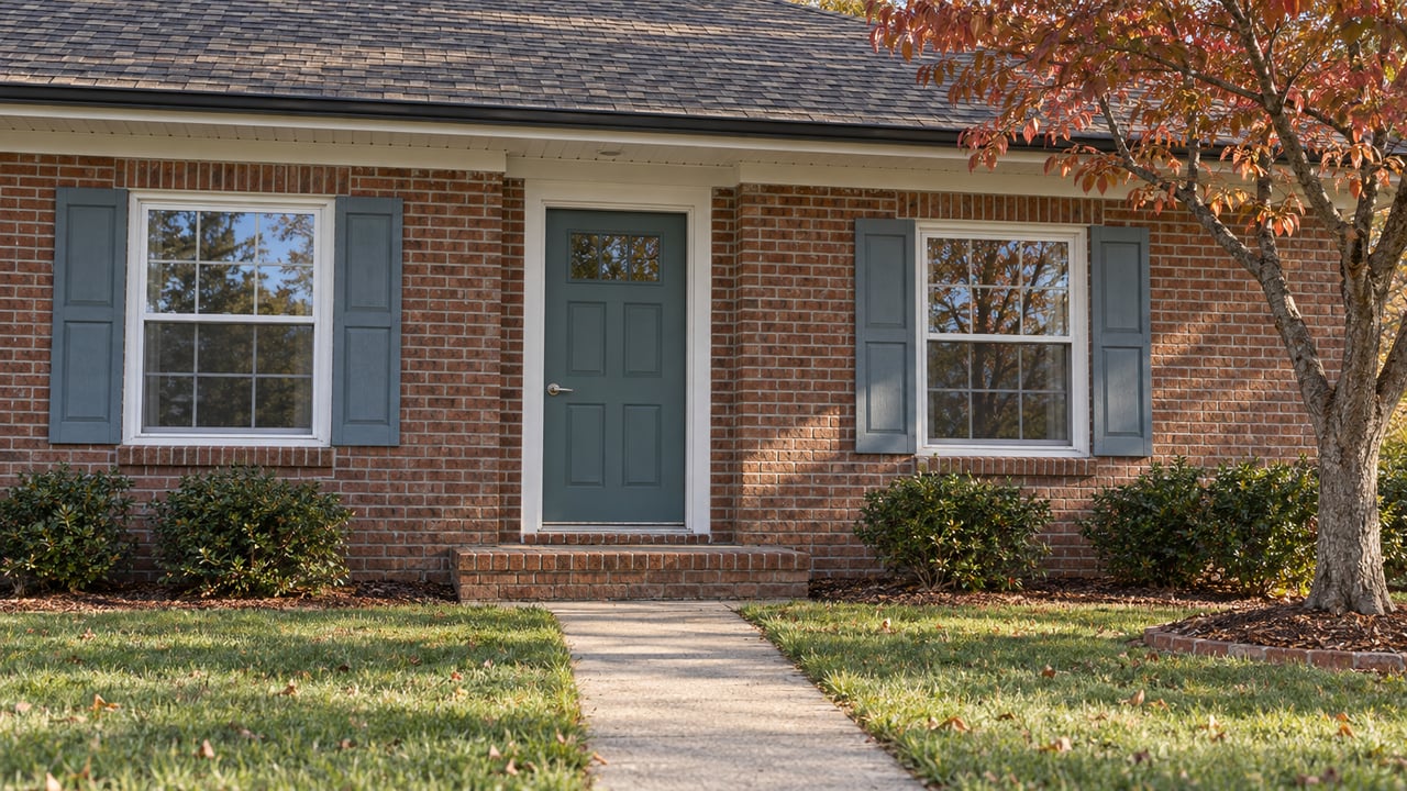 Red-brown brick ranch entrance with a muted teal door, blue-gray shutters, a low brick stoop and an autumn dogwood.