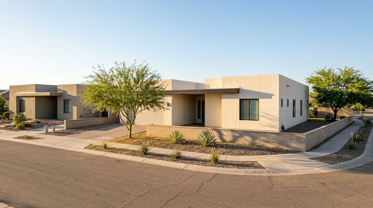Two single-story stucco homes line a curving street, with gravel gardens, agaves, and a sidewalk beneath a palo verde tree.