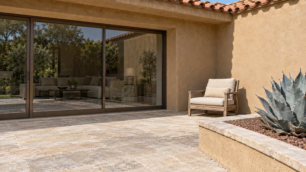 Warm stucco and clay tiles above a closed glass patio doorway, with limestone paving, a teak lounge chair and a blue-gray agave in a raised bed.