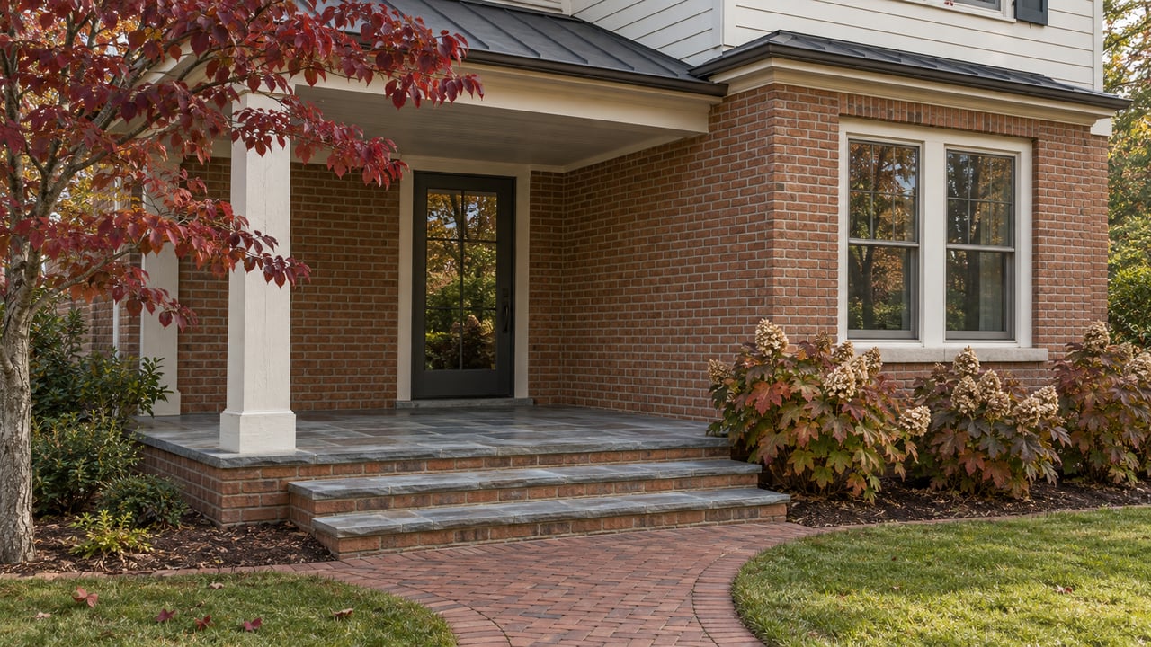 Brick home with an ivory porch, bluestone steps, paired windows, and burgundy dogwood foliage in autumn light.