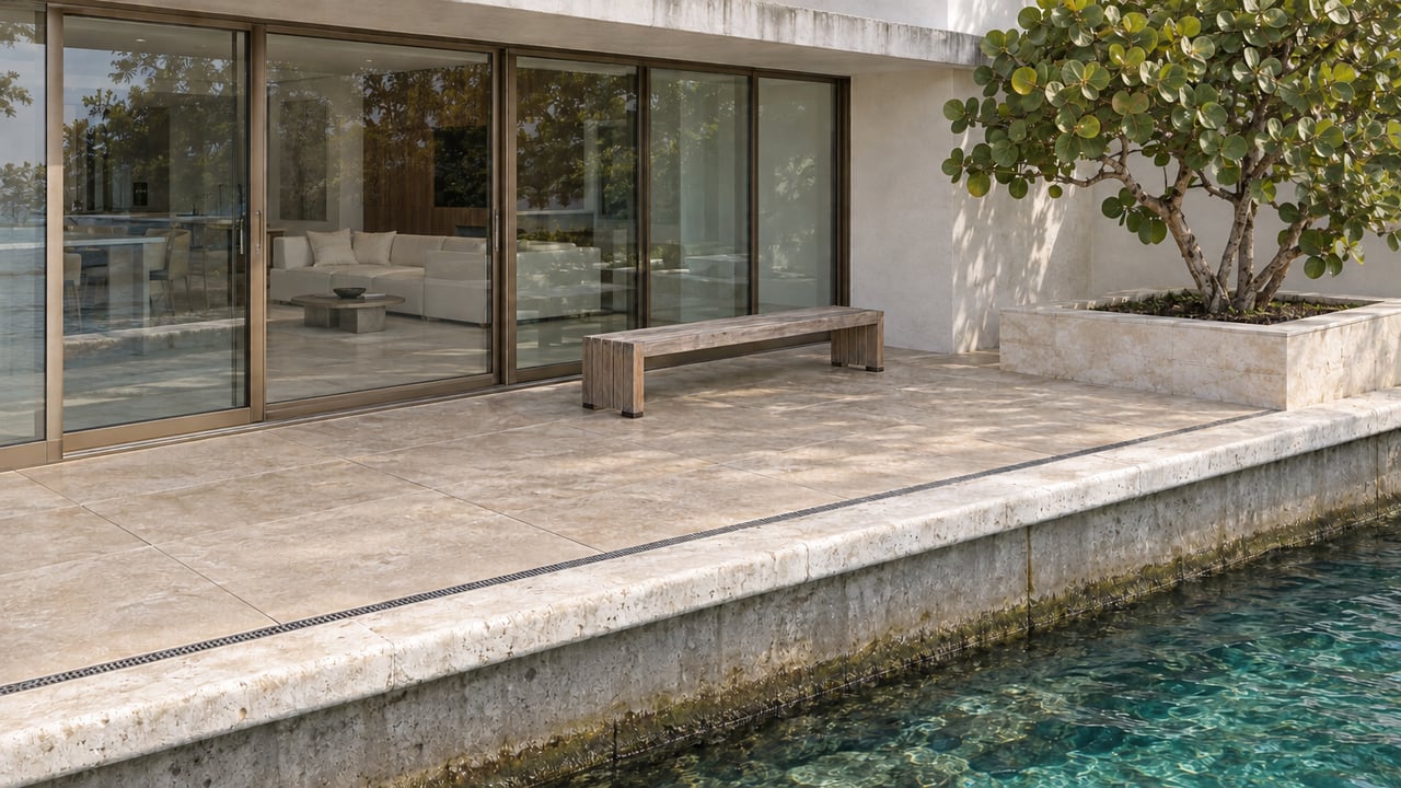 Waterfront terrace with closed bronze-framed glass doors, weathered teak bench, sea-grape planter and limestone-capped seawall.