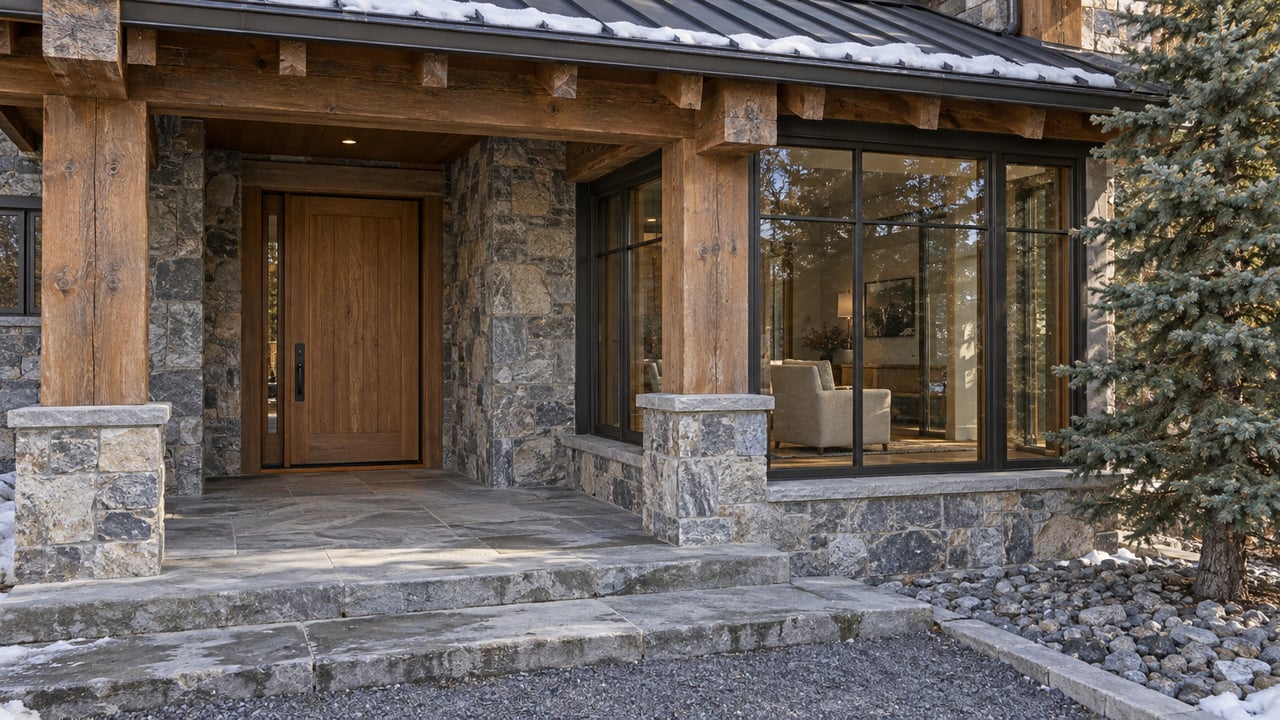Timber-framed residential entry with gray stone steps, bronze-framed glazing, and traces of snow beneath a charcoal roof.