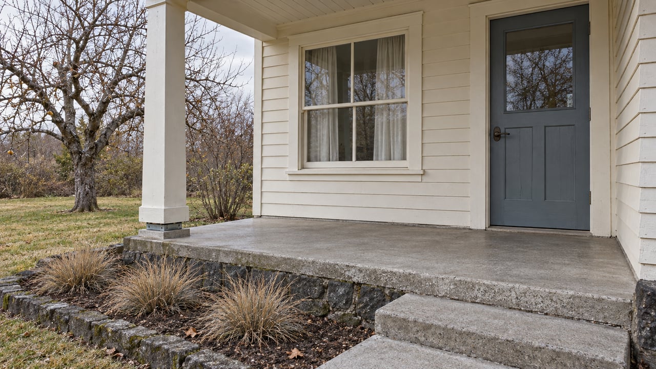 An ivory clapboard home's sheltered porch with a blue-gray door, weathered concrete steps, basalt edging, and a bare apple tree.