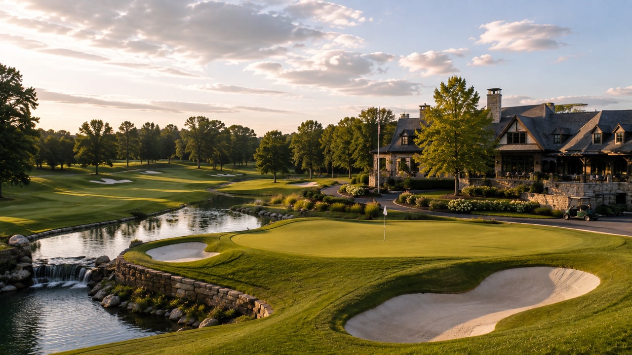 Luxury private golf club in Middle Tennessee featuring manicured fairways, pristine greens, water features, and an elegant clubhouse surrounded by scenic Tennessee landscape.