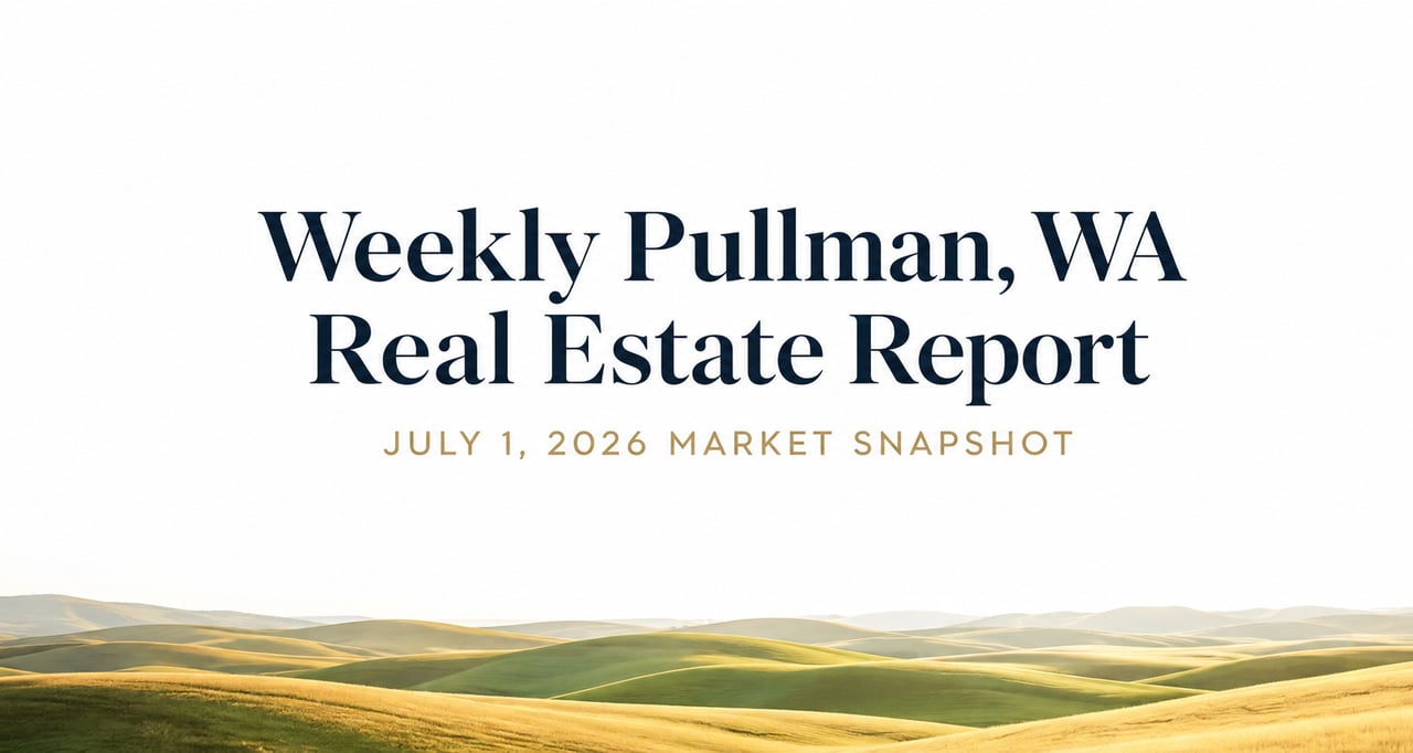 Professional header graphic for the July 1, 2026 Pullman, WA weekly real estate market report showing current housing market activity and inventory by price range.