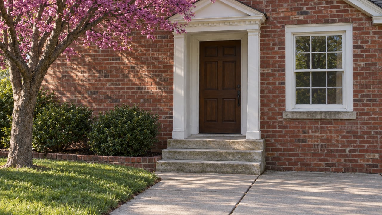 Brick house entry with a dark wood door, white-trimmed window, limestone steps, and a redbud tree.