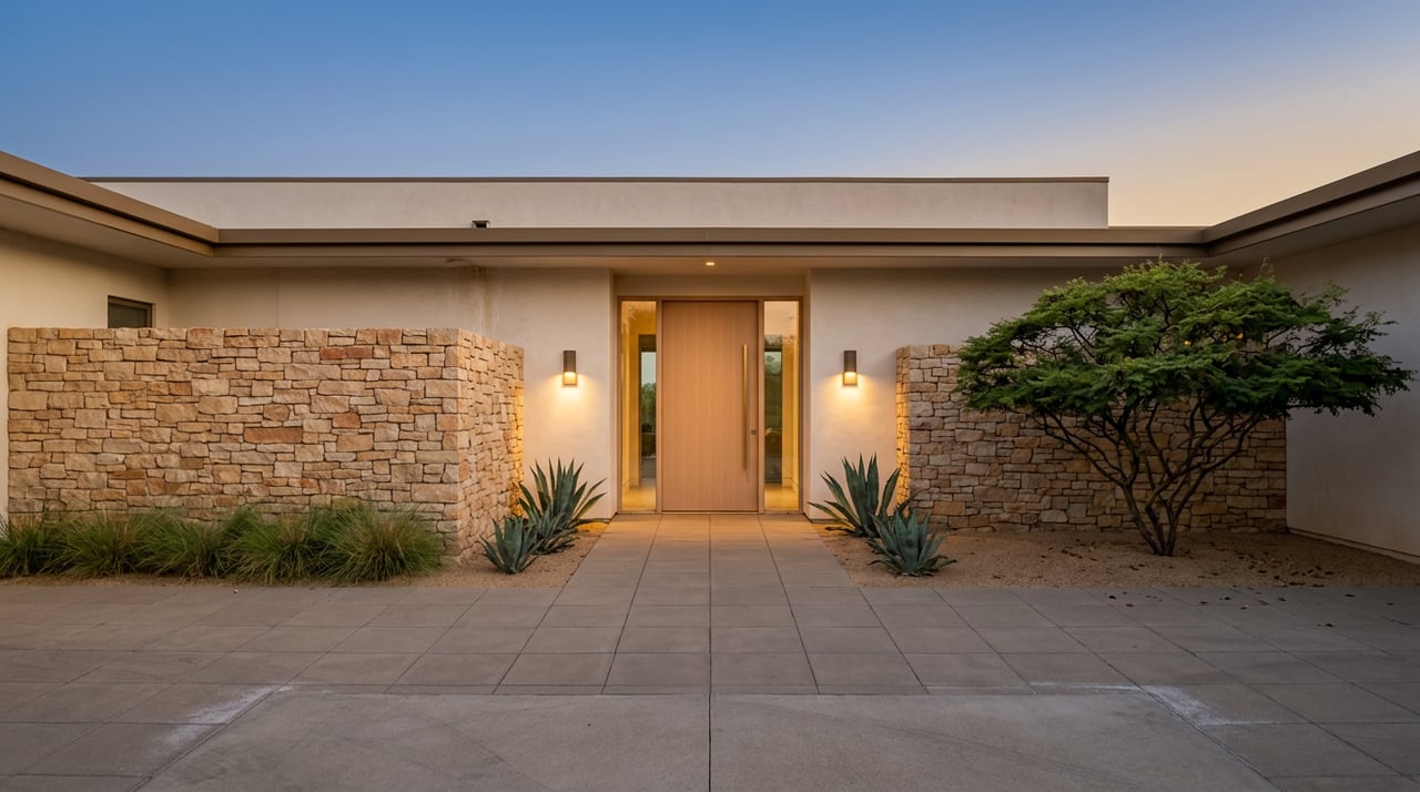 Stone-walled entry court with agaves, a glowing oak pivot door, and a sculpted tree beneath a blue dusk sky.