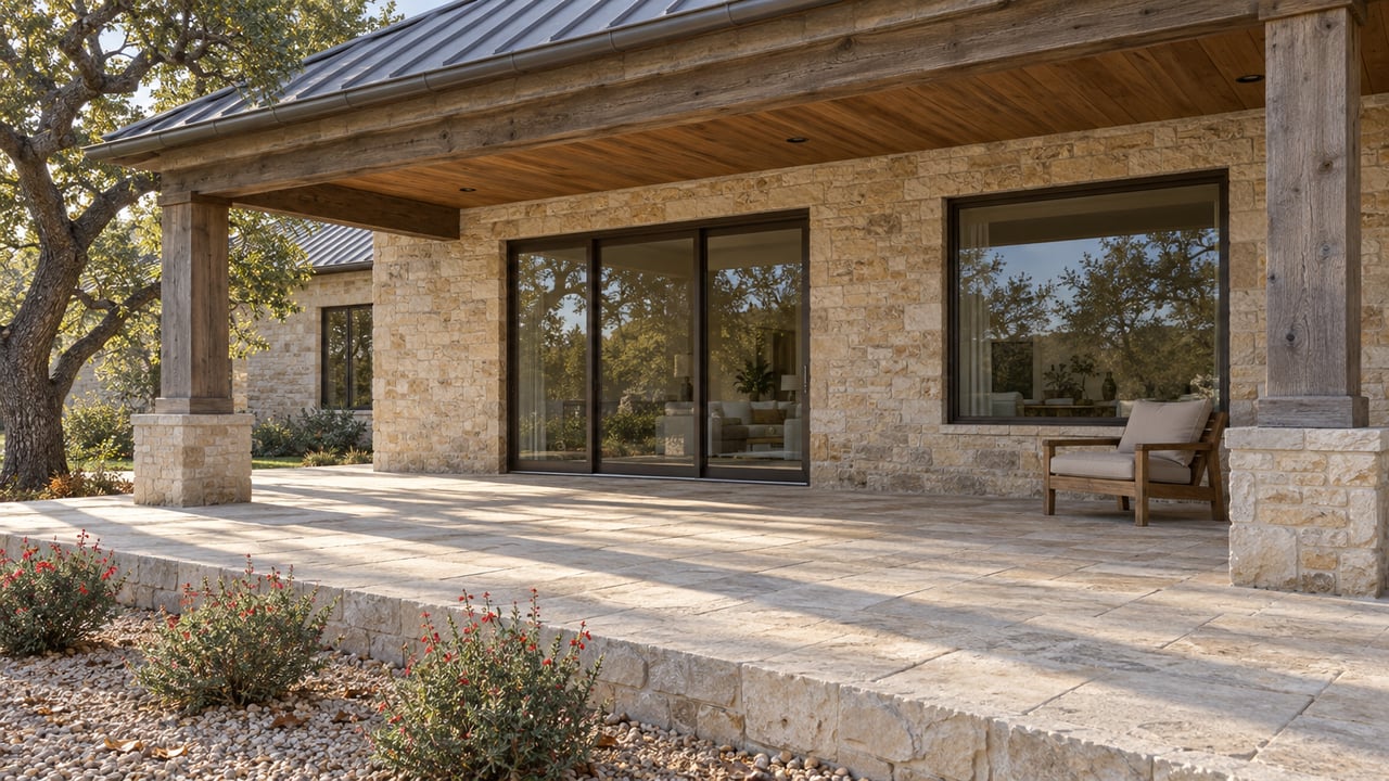 Limestone home with a timber-covered terrace, bronze-framed glass doors and a mature live oak beside raised stone paving.