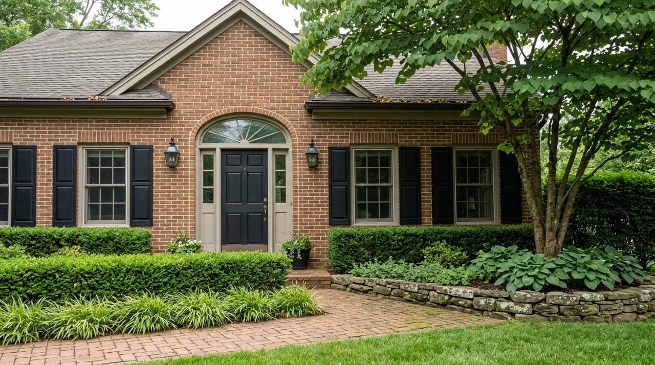 Brick colonial home with an arched entry transom, black shutters, and a leafy tree over a herringbone walkway.