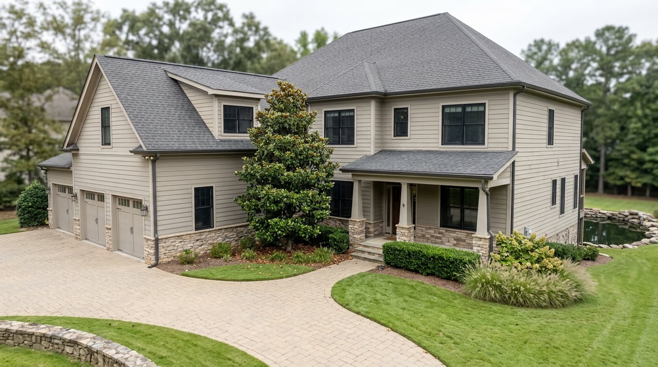 Two-story greige home with stone accents, a paver driveway, mature magnolia, and fieldstone-edged pond.