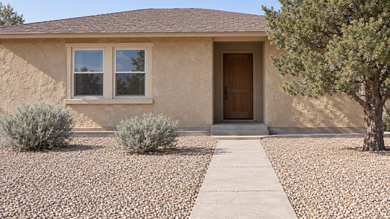 Older sand-colored stucco house with a concrete approach, two gravel-yard shrubs, and a pine tree.