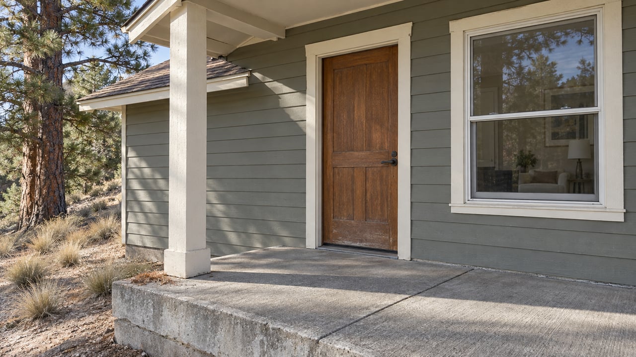 Sunlight crosses a weathered concrete porch beside gray-green siding, a closed fir door and an ivory-trimmed window, with a mature pine beside the sloping yard.