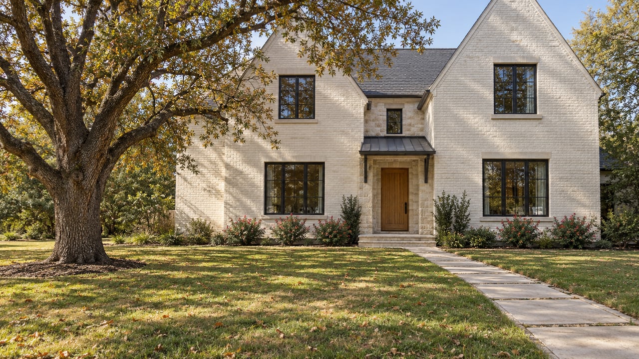 Ivory brick home with steep gables, limestone entry, black-framed windows and a broad lawn beneath a mature live oak.