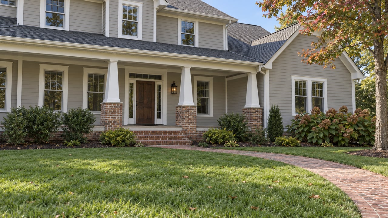 Greige two-story home with white porch columns, brick steps and a deep lawn beneath a partly turning red maple.