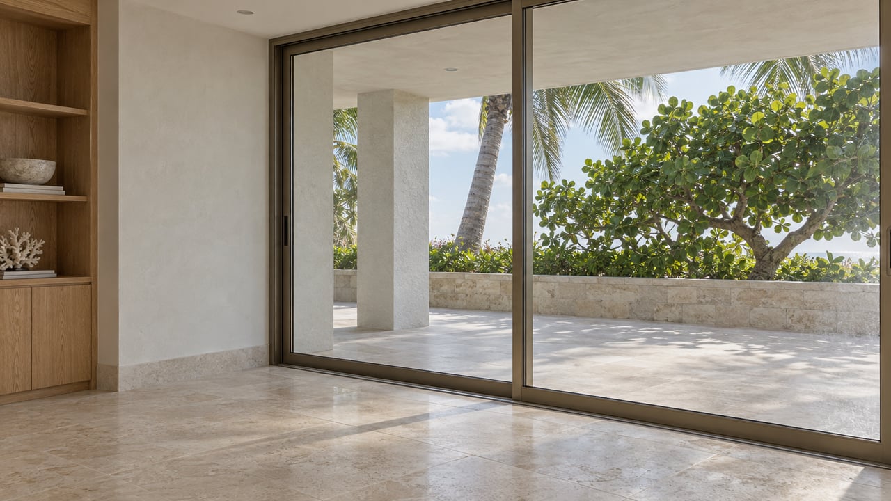 Sliding glass doors separate a limestone-floored living room from a terrace with a palm and sea-grape shrub.