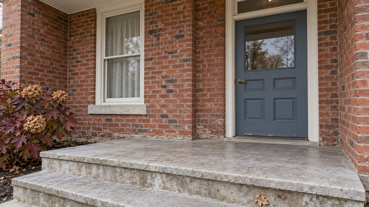 Slate-blue entry door and timber window in a red brick home, above worn limestone porch steps beside burgundy oakleaf hydrangea.