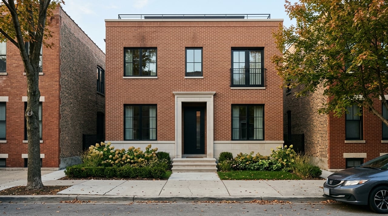 Modern brick-and-limestone building with black windows on a tree-lined street.