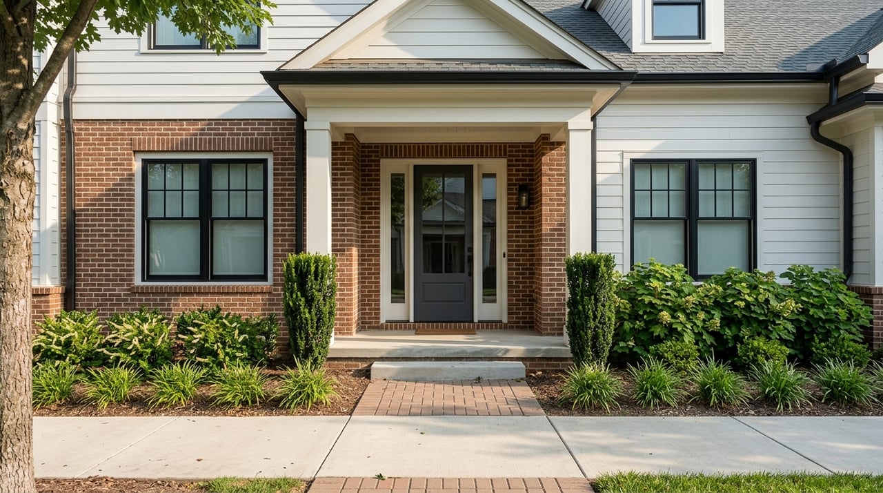 Low-rise residential entrance with a brick base, painted clapboard siding, and a shared forecourt.
