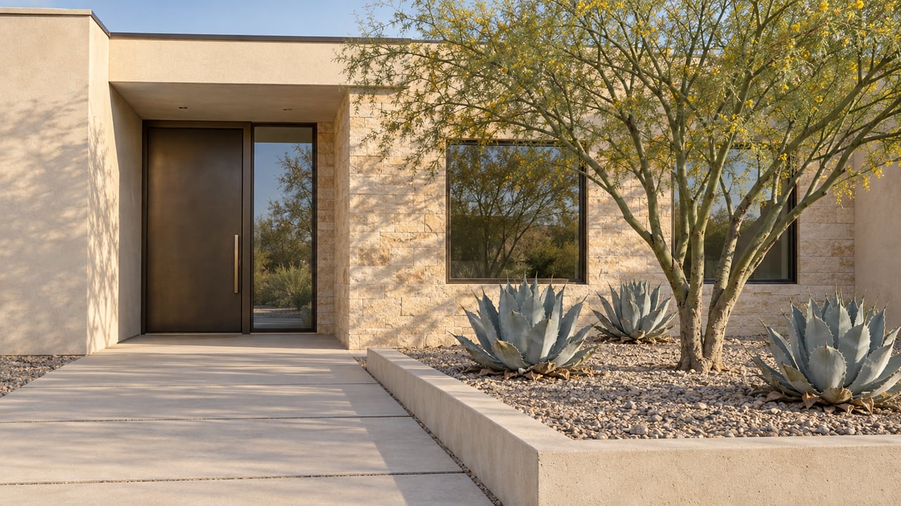 Modern desert home with ivory stucco, limestone walls, bronze entry glazing and a sculptural blue palo verde beside an agave planter.